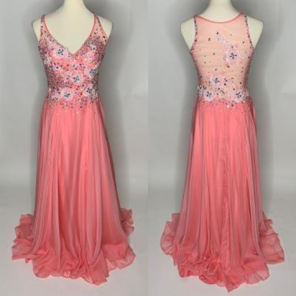 Coral Rachel Allen chiffon evening gown